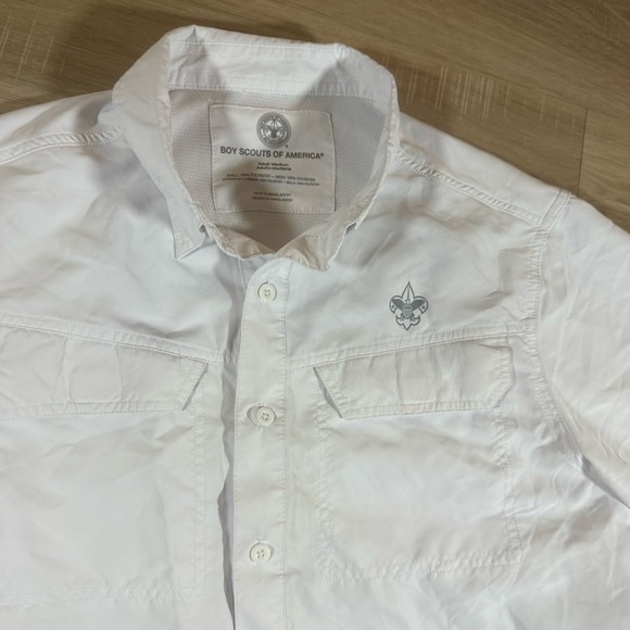 Boy Scouts of America Shirt Adult Medium  Polyester White Button Up Vented Logo - Picture 1 of 7